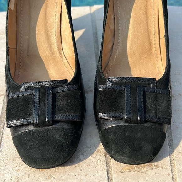 Black Pumps Size EU38 US7.5 Learher and Suede Bow Detail Front High Heel - Picture 2 of 12